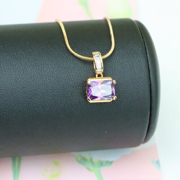"Elegant Purple Emerald Cut Pendant with Gold Plated Baguette Bail, XPPT1779 - Picture 3 of 13